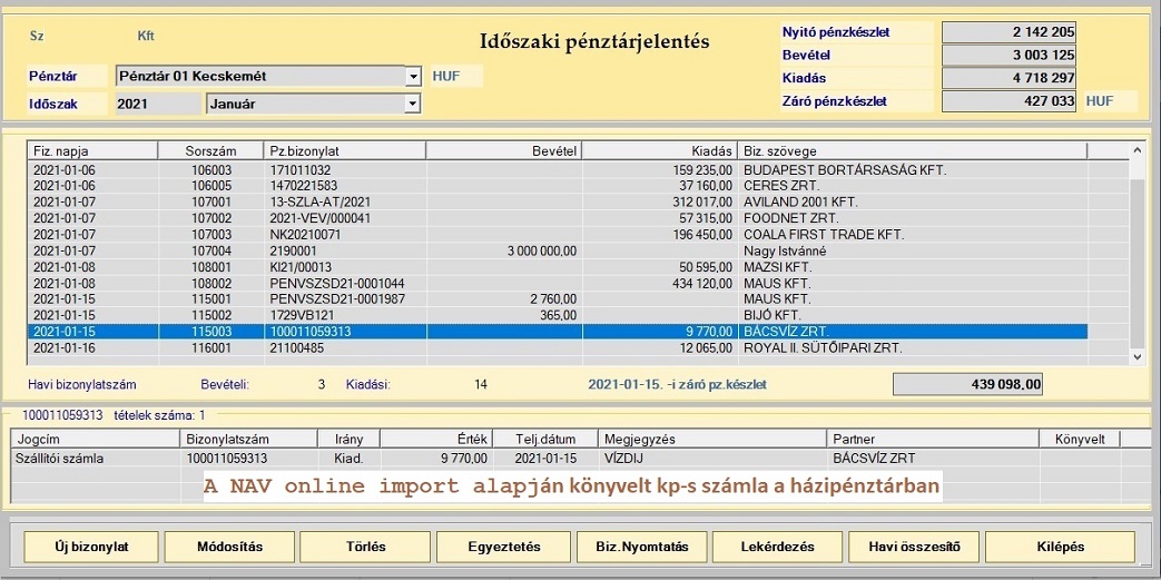 A NAV online szmla import alapjn knyvelt kp-s szmla a hzipnztrban