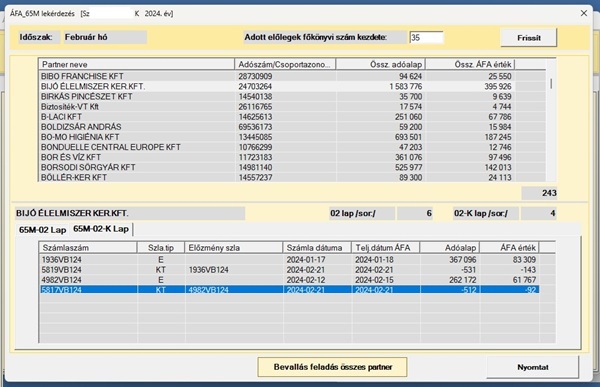 Könyvelő program - 65M tételes ÁFA bevallás