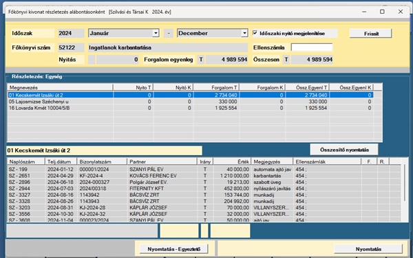Könyvelő program - Főkönyvi kivonat alábontással